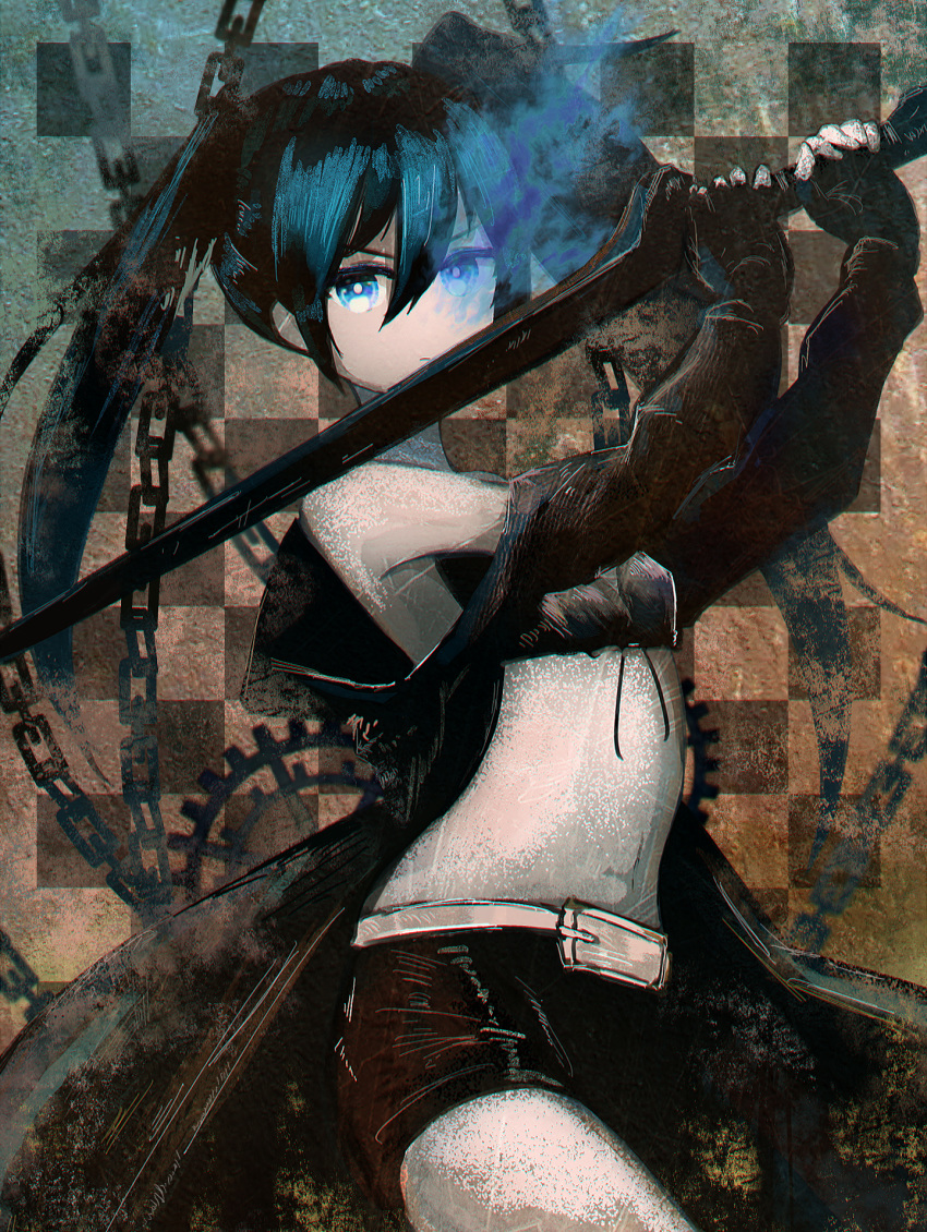 1girl bare_shoulders belt black_coat black_hair black_rock_shooter black_rock_shooter_(character) black_shorts blue_eyes chain checkered checkered_background coat cowboy_shot flaming_eye gears hands_up highres holding holding_sword holding_weapon looking_at_viewer nibii_(mnwv8887) off-shoulder_coat short_shorts shorts solo sword twintails v-shaped_eyebrows weapon