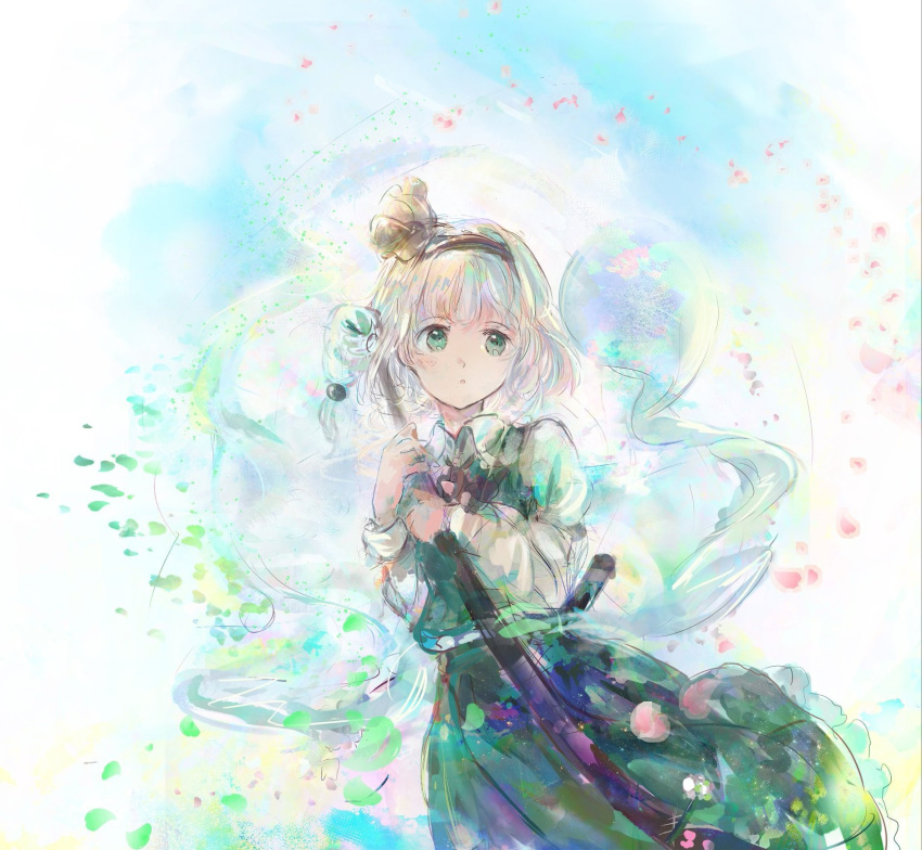 1girl ascot bangs black_ascot black_bow black_hairband black_ribbon bow bowtie collared_shirt ghost green_eyes green_skirt green_vest hair_ribbon hairband highres hitodama holding holding_weapon katana konpaku_youmu konpaku_youmu_(ghost) long_sleeves ribbon shirt short_hair silver_hair skirt skirt_set sword touhou uwazumi vest wakizashi weapon white_hair