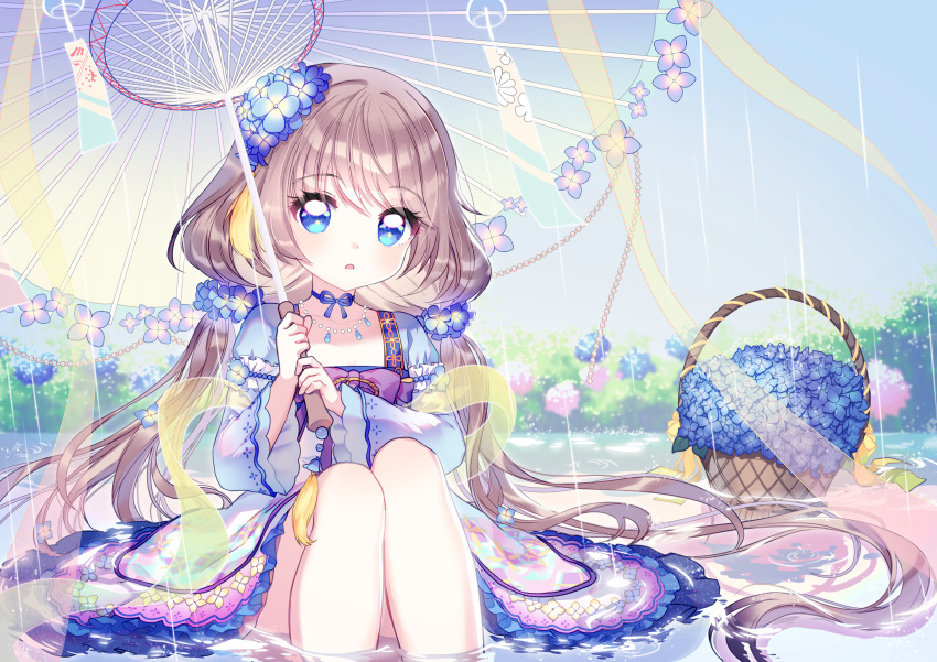 1girl absurdres bangs basket blue_dress blue_eyes blue_flower blue_ribbon blue_umbrella blurry blurry_background blush bow brown_hair choker collarbone commentary_request day depth_of_field dress eyebrows_visible_through_hair flower frilled_dress frills hagoromo hair_between_eyes hair_flower hair_ornament highres holding holding_umbrella hydrangea knees_up long_hair long_sleeves low_twintails mechuragi original outdoors parted_lips pink_flower purple_bow purple_flower rain ribbon ribbon_choker shallow_water shawl sitting solo twintails umbrella very_long_hair wide_sleeves wind_chime
