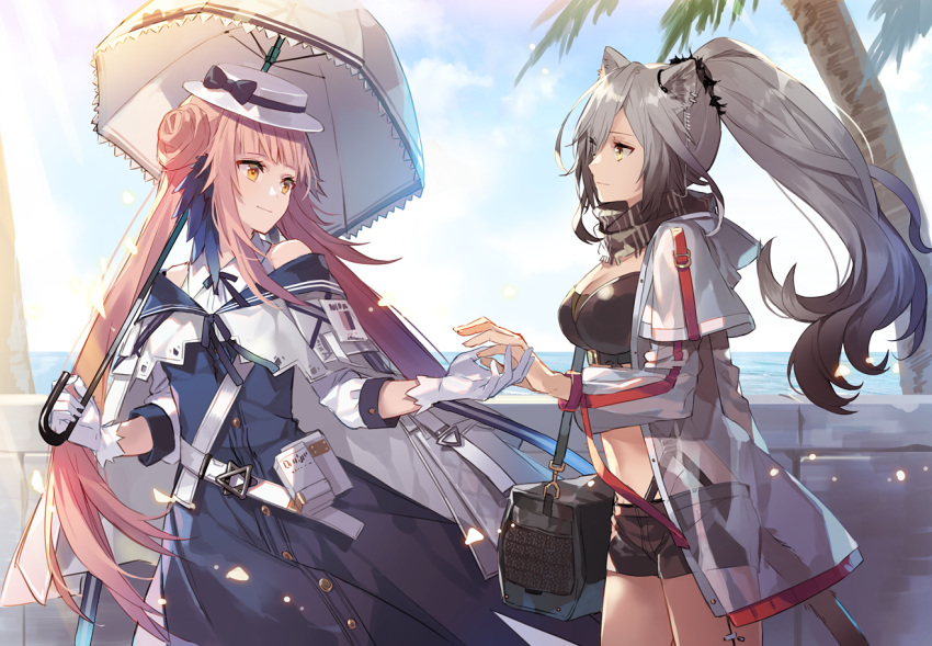 2girls animal_ears arknights bag black_shirt black_shorts blue_dress breasts cat_ears ceylon_(arknights) crop_top day dress duffel_bag eihi gloves grey_hair hair_bun hair_ornament holding holding_hands jacket large_breasts long_hair looking_at_another midriff multiple_girls orange_eyes outdoors pink_hair ponytail scarf schwarz_(arknights) see-through shirt short_shorts shorts sunlight umbrella very_long_hair white_gloves white_headwear white_jacket yellow_eyes