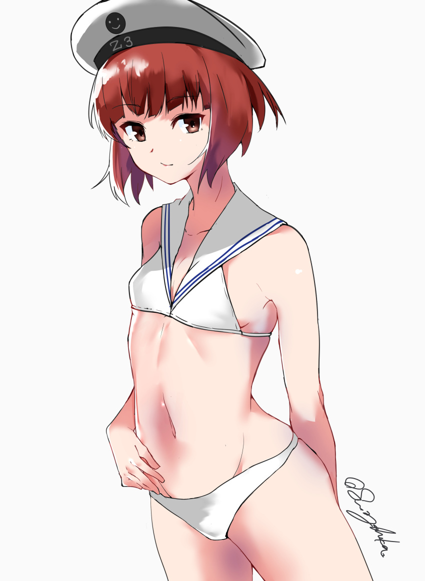 1girl absurdres bikini brown_eyes brown_hair clothes_writing commentary_request cowboy_shot hat highres kantai_collection sailor_bikini sailor_collar sailor_hat short_hair signature solo standing sui_(sui27shika) swimsuit white_bikini white_headwear white_sailor_collar z3_max_schultz_(kantai_collection)