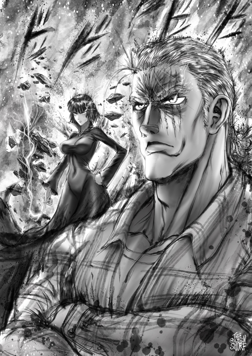 1boy 1girl adam's_apple arm_at_side bangs breasts chest closed_mouth collarbone collared_dress collared_shirt commentary covered_navel debris destruction dress energy english_commentary fubuki_(one-punch_man) glowing glowing_eye greyscale hair_slicked_back hand_on_hip high_collar highres impossible_clothes impossible_dress king_(one-punch_man) lips long_dress long_sleeves monochrome one-punch_man scar scar_across_eye serious shirt short_hair sound_effects the_golden_smurf v-shaped_eyebrows wing_collar