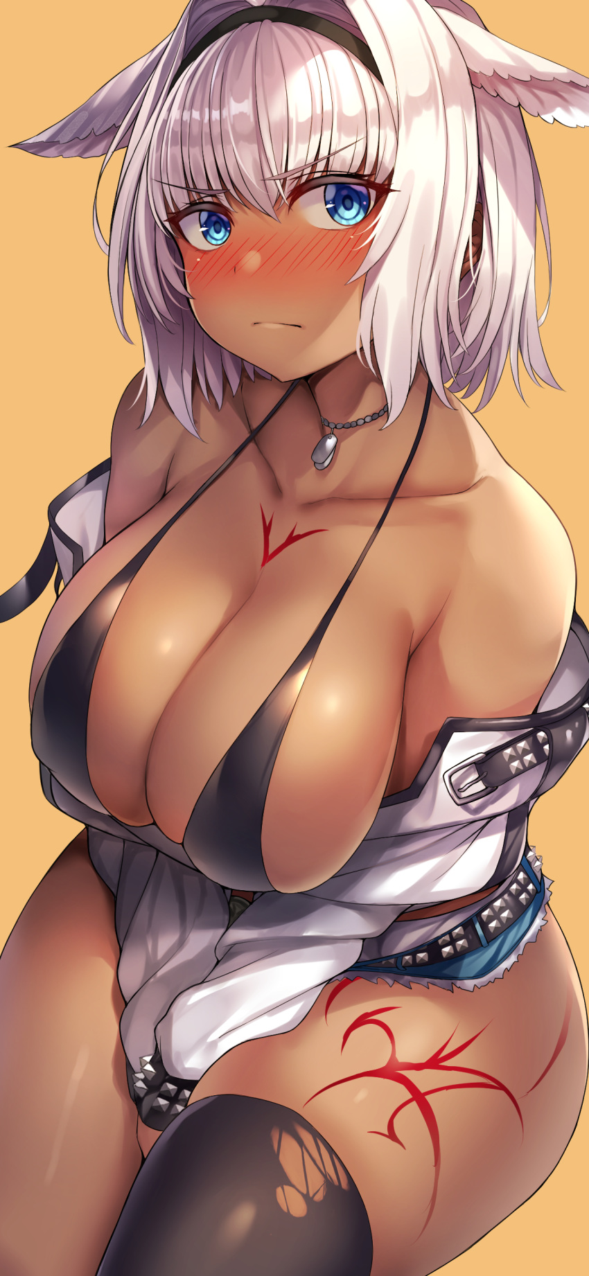 1girl absurdres bangs beeyan bikini black_bikini black_legwear blue_eyes blush body_markings breasts caenis_(fate) collarbone dark_skin dog_tags fate/grand_order fate_(series) hair_intakes hairband highres jacket large_breasts looking_at_viewer open_clothes open_jacket short_hair short_shorts shorts simple_background solo studded_jacket swimsuit tattoo thigh-highs torn_clothes torn_legwear v_arms white_hair yellow_background