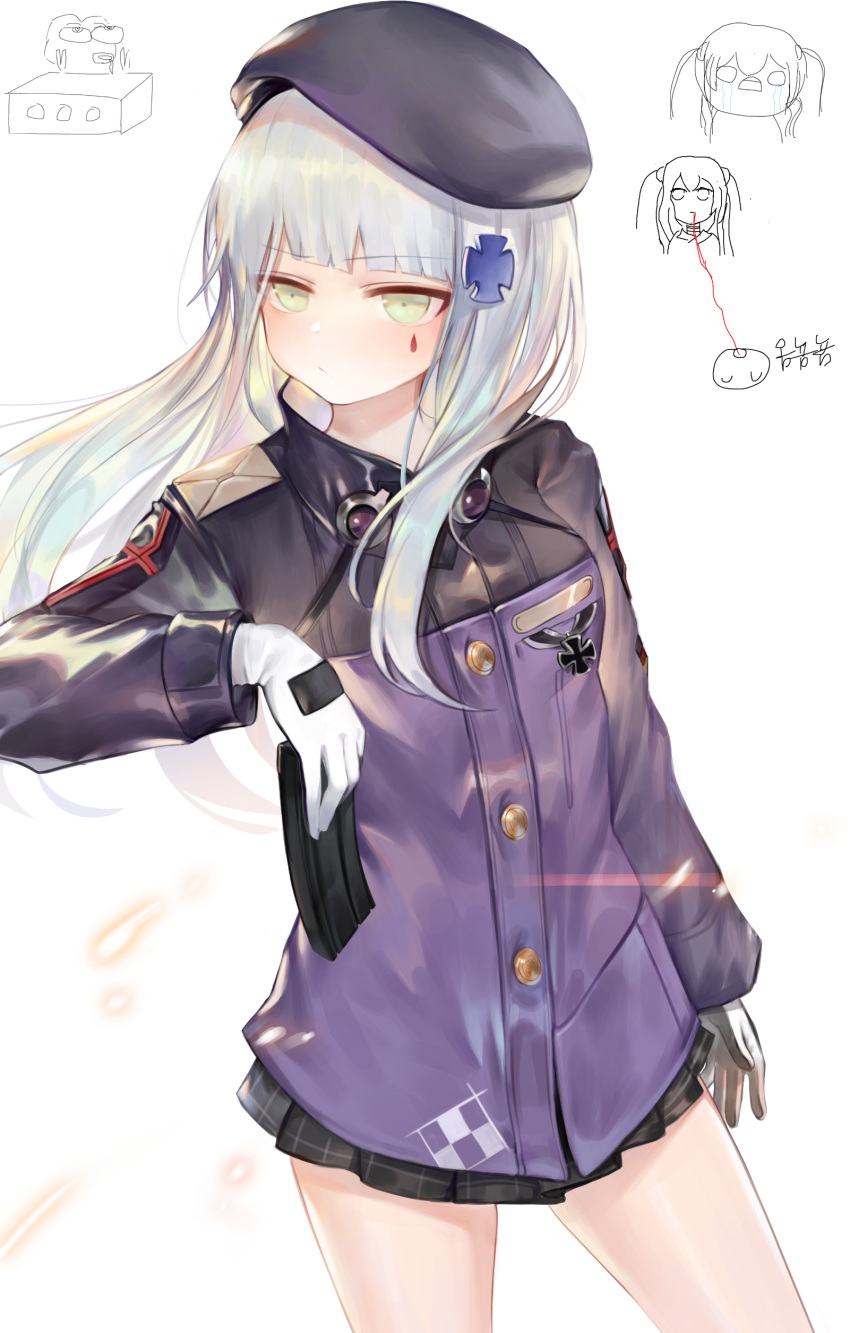 1girl absurdres bangs beret black_headwear black_skirt blush breasts closed_mouth commentary_request dokomon eyebrows_visible_through_hair facial_mark girls_frontline gloves green_eyes hair_ornament hat highres hk416_(girls_frontline) holding iron_cross jacket korean_commentary long_hair long_sleeves looking_away looking_to_the_side magazine_(weapon) pleated_skirt purple_jacket silver_hair simple_background sketch skirt small_breasts solo ump9_(girls_frontline) v-shaped_eyebrows very_long_hair white_background white_gloves