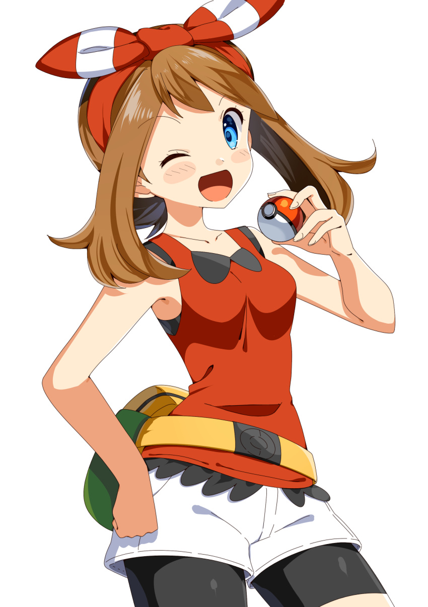 1girl ;d absurdres bike_shorts black_shorts blue_eyes blush bow breasts brown_hair collarbone cowboy_shot floating_hair hair_bow hairband haruka_(pokemon) highres holding holding_poke_ball long_hair one_eye_closed open_mouth poke_ball pokemon pokemon_(game) pokemon_oras red_bow red_hairband red_shirt shiny shiny_hair shirt short_shorts shorts shorts_under_shorts simple_background sleeveless sleeveless_shirt small_breasts smile solo standing striped striped_bow twintails white_background white_shorts yuihiko