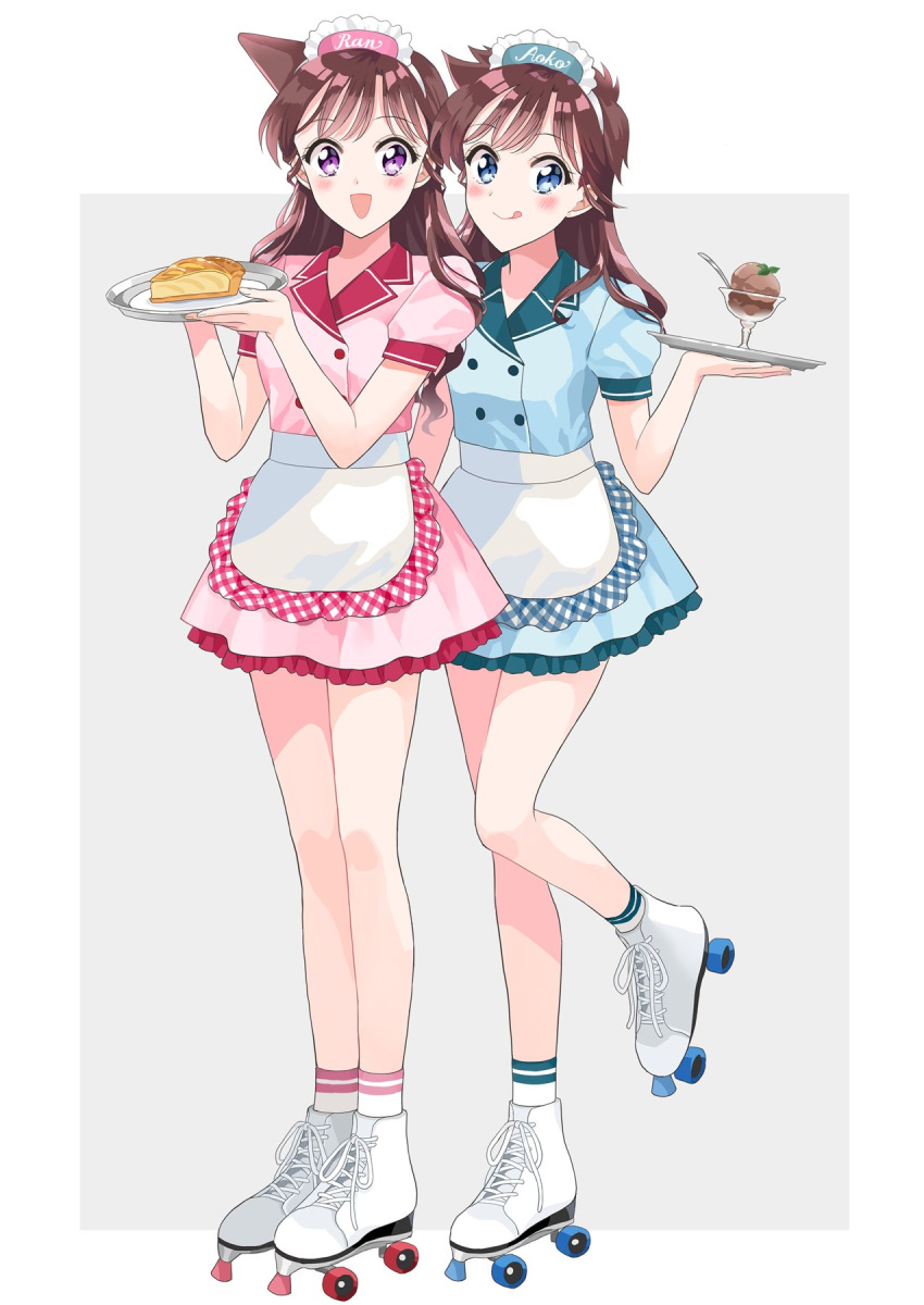 2girls :d :q apron arch_lapin blue_dress blue_eyes brown_hair character_name commentary cross-laced_footwear cursive double_horizontal_stripe dress eyebrows_visible_through_hair food frilled_apron frilled_dress frills full_body glass grey_background highres holding holding_tray ice_cream looking_at_viewer magic_kaito maid_headdress meitantei_conan messy_hair mouri_ran multiple_girls nakamori_aoko open_mouth outside_border pie pink_dress roller_skates series_connection short_dress short_sleeves side-by-side skates smile socks spoon standing standing_on_one_leg sundae tongue tongue_out tray violet_eyes waist_apron waitress white_apron white_footwear white_legwear