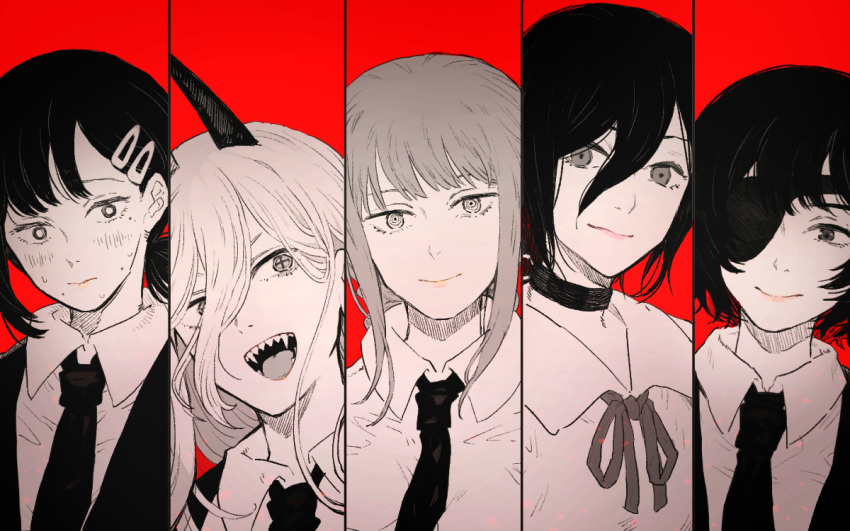 5girls black_choker black_eyepatch black_hair black_horns black_neckwear blush business_suit chainsaw_man choker collared_shirt demon_girl demon_horns expressionless eyepatch fangs formal hair_between_eyes head_tilt higashiyama_kobeni himeno_(chainsaw_man) horns long_hair looking_at_viewer looking_to_the_side makima_(chainsaw_man) medium_hair monster_girl multiple_girls necktie one_eye_covered open_mouth panels power_(chainsaw_man) red_background reze_(chainsaw_man) ribbon ringed_eyes sharp_teeth shirt short_hair simple_background smile smirk suit teeth upper_body user_dxdh5474 white_shirt