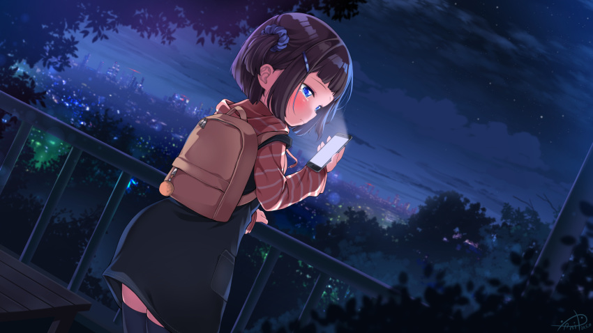 1girl backpack bag black_dress black_hair black_legwear blue_eyes blush brown_shirt cellphone cityscape clouds dress from_behind hair_ornament hairclip highres holding horizon ifnil night night_sky original outdoors phone scenery scrunchie shirt short_hair side_ponytail sky smartphone solo star_(sky) striped striped_shirt tears thigh-highs