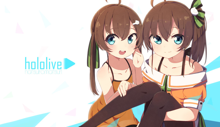 2girls :d ahoge bangs bare_arms bare_shoulders black_legwear blue_background blue_eyes blush brown_dress brown_hair cat_hair_ornament character_name closed_mouth collarbone commentary_request copyright_name dress dual_persona eyebrows_visible_through_hair green_ribbon hair_between_eyes hair_ornament hairclip highres hololive jacket leg_hug long_hair looking_at_viewer multiple_girls natsuiro_matsuri off-shoulder_jacket okota_mikan open_mouth orange_jacket pantyhose pleated_skirt puffy_short_sleeves puffy_sleeves ribbon short_sleeves side_ponytail skirt sleeveless sleeveless_dress smile two-tone_background virtual_youtuber white_background white_skirt
