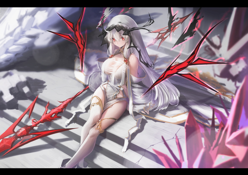 1girl absurdres bare_shoulders breasts celeryma crystal detached_sleeves dress highres horns large_breasts letterboxed long_hair long_sleeves looking_at_viewer original pelvic_curtain polearm red_eyes side_cutout sitting solo spear thigh-highs thighs veil very_long_hair weapon white_dress white_hair white_legwear wide_sleeves wings witch