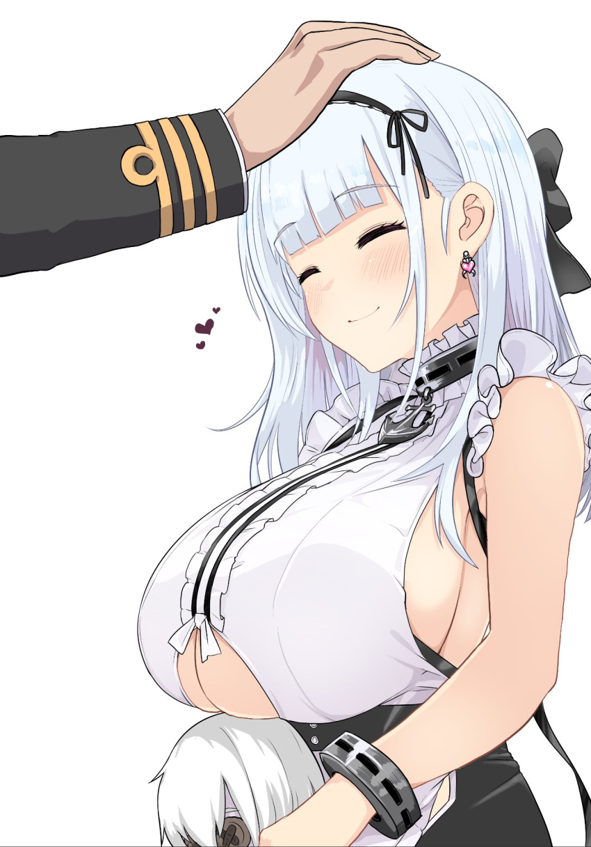 1boy 1girl anchor_choker anchor_necklace apron azur_lane bangs bare_shoulders black_hairband blunt_bangs blush breasts center_frills character_doll choker cleavage_cutout closed_eyes closed_mouth collar commander_(azur_lane) commentary_request dido_(azur_lane) doll earrings eyebrows_visible_through_hair fang frilled_choker frills hair_ribbon hairband happy heart heart_earrings highres holding holding_doll jewelry lace-trimmed_hairband large_breasts long_hair maid maid_apron maid_day maid_dress maid_headdress open_mouth petting pink_eyes ribbon sideboob sidelocks silver_hair sleeveless smile standing translation_request under_boob underboob_cutout upanishi waist_apron white_apron wrist_cuffs