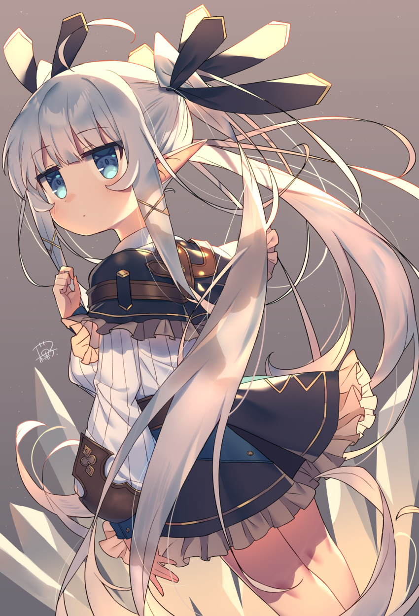 1girl bangs black_capelet black_ribbon black_skirt blue_eyes blush breasts capelet closed_mouth commentary_request dutch_angle eyebrows_visible_through_hair frilled_capelet frilled_skirt frills grey_background hair_ornament hair_ribbon hairclip hand_up highres long_hair long_sleeves looking_away looking_to_the_side original pleated_skirt pointy_ears puffy_long_sleeves puffy_sleeves ribbon shirt sidelocks signature silver_hair skirt small_breasts solo standing twintails very_long_hair wagashi928 white_shirt x_hair_ornament
