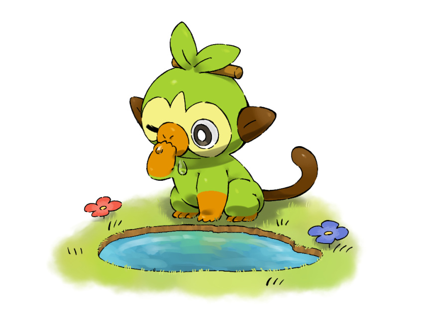 black_eyes commentary_request creature drinking flower full_body gen_8_pokemon grass grookey highres minamo_(pixiv17726065) monkey no_humans one_eye_closed pokemon pokemon_(creature) pond simple_background sitting solo water white_background