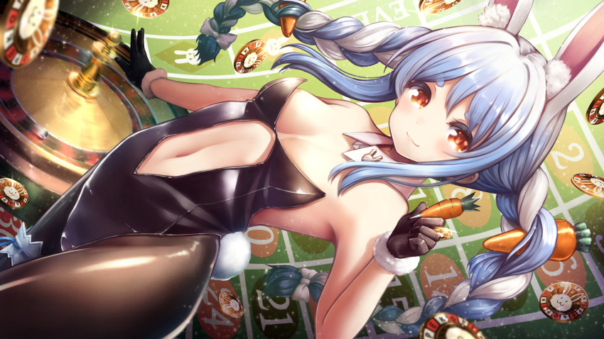 1girl absurdres animal_ear_fluff animal_ears bangs black_gloves black_legwear black_leotard blue_hair bow braid breasts bunny_girl bunny_tail bunnysuit carrot carrot_hair_ornament commentary_request food_themed_hair_ornament fur-trimmed_gloves fur_trim gambling getsuyou_yasumi gloves hair_bow hair_ornament highres holding_vegetable hololive leotard long_hair looking_at_viewer multicolored_hair navel_cutout orange_eyes pantyhose poker_chip rabbit_ears roulette roulette_table sidelocks sideways small_breasts smile solo strapless strapless_leotard tail thick_eyebrows thigh_strap twin_braids two-tone_hair usada_pekora virtual_youtuber white_bow white_hair
