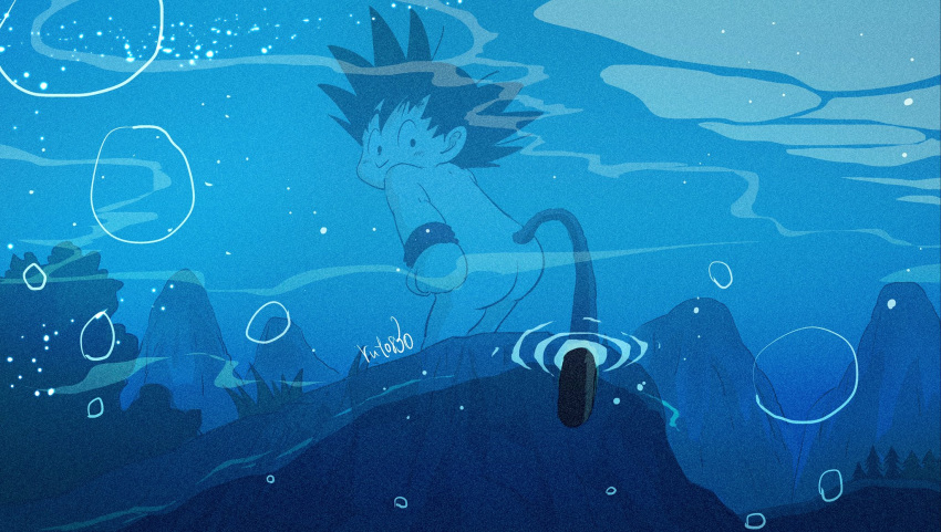 1boy :&gt; air_bubble arm_at_side ass ass_focus bent_over black_eyes black_hair blue_theme blush bubble bush clenched_hand commentary_request dot_nose dragon_ball dragon_ball_(classic) fishing from_below grass happy highres kodomo_no_hi looking_back looking_down male_focus messy_hair monkey_tail mountain nature nude outdoors pov ruto830 shore signature smile son_gokuu tail underwater water wristband
