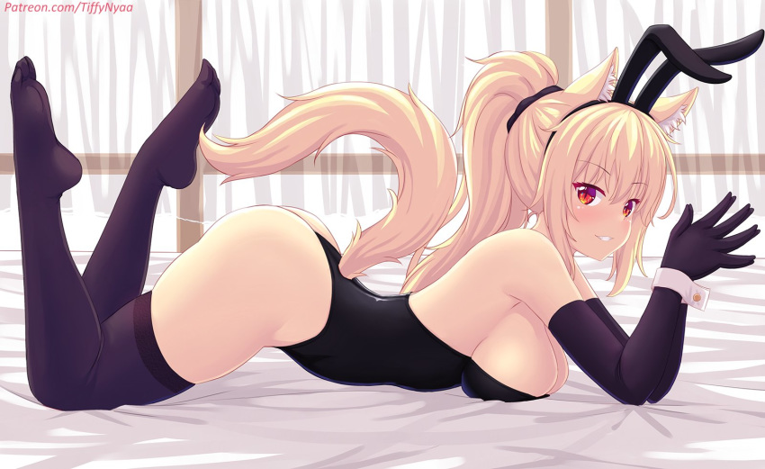 1girl animal_ears ass bangs bare_shoulders black_gloves black_legwear black_leotard blonde_hair blush breasts cat_ears cat_tail cuff_links elbow_gloves eyebrows_visible_through_hair fast-runner-2024 feet feet_up full_body gloves hairband hands_together highres indoors large_breasts leotard long_hair looking_at_viewer lying on_stomach original patreon_username ponytail rabbit_ears red_eyes sideboob sidelocks smile solo tail thigh-highs thighs tiffy_(fast-runner-2024)