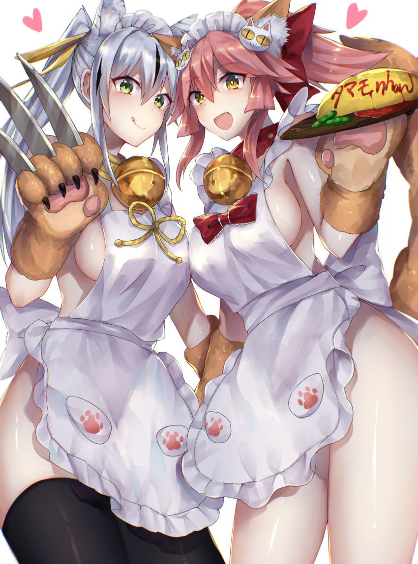 2girls absurdres animal_ear_fluff animal_ears apron bangs bare_shoulders bell bell_collar between_fingers black_hair black_legwear blush breasts cat_hair_ornament cat_paws closed_mouth collar cosplay fate/extra fate/grand_order fate_(series) food fox_ears fox_girl fox_tail frilled_apron frills gloves green_eyes hair_between_eyes hair_ornament highres hitomin_(ksws7544) jingle_bell knife large_breasts licking_lips long_hair looking_at_viewer maid_headdress medium_breasts multicolored_hair multiple_girls nagao_kagetora_(fate) naked_apron omurice open_mouth paw_gloves paws pink_hair plate ponytail sideboob sidelocks simple_background smile streaked_hair tail tamamo_(fate)_(all) tamamo_cat_(fate) tamamo_cat_(fate)_(cosplay) tongue tongue_out two-tone_hair white_apron white_background white_hair yellow_eyes