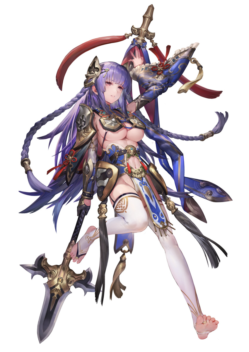 1girl aos armor blue_hair character_request copyright_request feet highres holding holding_spear holding_weapon jewelry long_hair no_bra original polearm ring see-through shoulder_armor spear stirrup_legwear toe_ring toeless_legwear toes weapon white_legwear