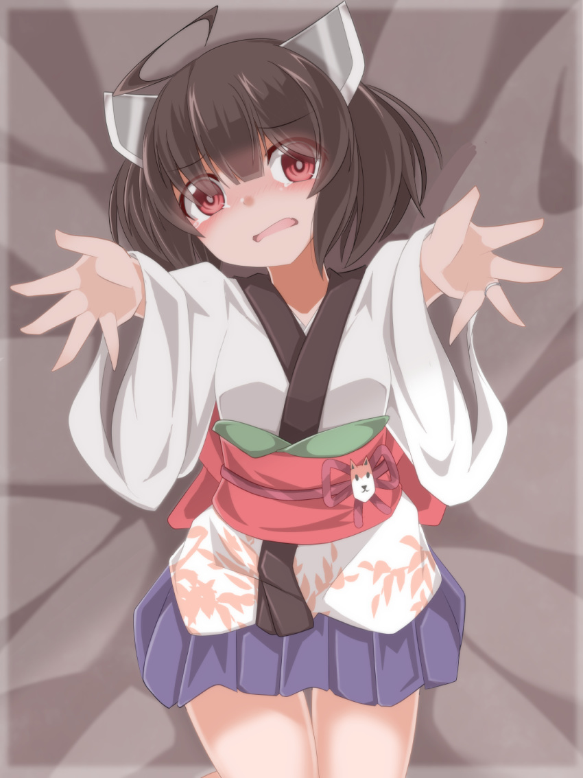 1girl ahoge ao_(aoblueao) bed_sheet black_hair blue_skirt blush eyes_visible_through_hair fang hair_over_one_eye headgear highres japanese_clothes jewelry kimono long_sleeves looking_at_viewer lying nose_blush obi on_back open_mouth outstretched_arms pleated_skirt reaching_out red_eyes ring sash skirt solo tears touhoku_kiritan twintails voiceroid white_kimono wide_sleeves
