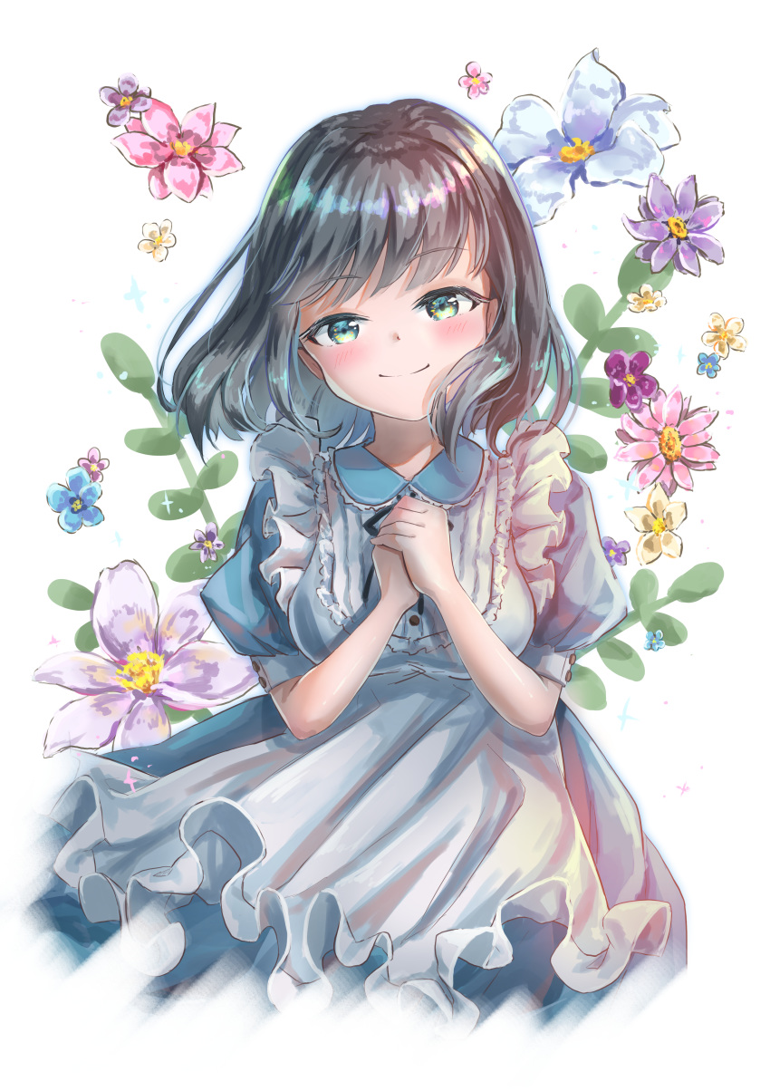 1girl absurdres black_hair blue_dress dress flower frills fumizuki_lily green_eyes hands_together highres looking_at_viewer medium_hair original pinafore_dress puffy_short_sleeves puffy_sleeves short_sleeves simple_background smile solo white_background