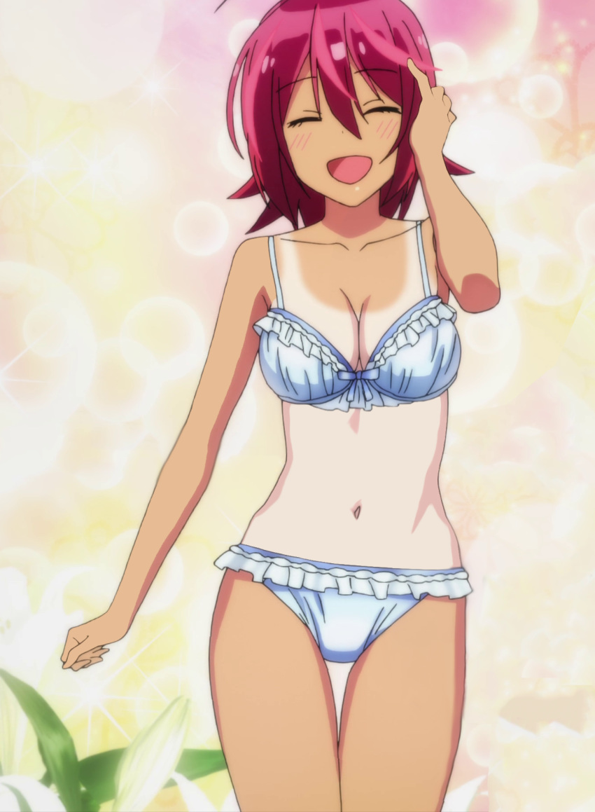 1girl bikini bokutachi_wa_benkyou_ga_dekinai breasts dark-skinned_female dark_skin highres laughing medium_breasts pink_hair short_hair swimsuit takemoto_uruka tan tanline violet_eyes