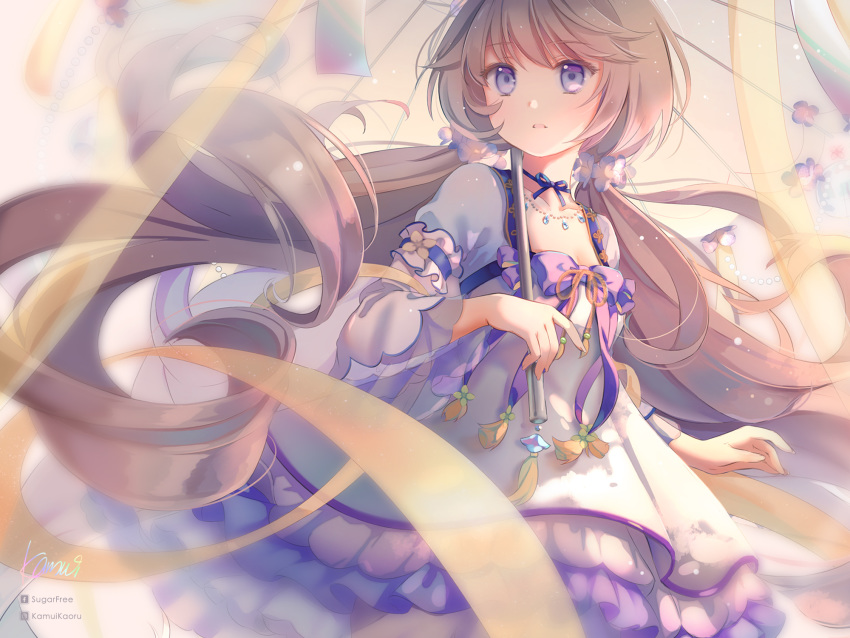 1girl artist_name blue_neckwear breasts collarbone commentary_request dress eyebrows_visible_through_hair flower hair_between_eyes hair_flower hair_ornament highres holding holding_umbrella houchi_shoujo kamui_(kamuikaoru) layered_dress light_brown_hair long_hair long_sleeves looking_at_viewer low_twintails neck_ribbon ribbon small_breasts solo twintails umbrella very_long_hair violet_eyes white_dress