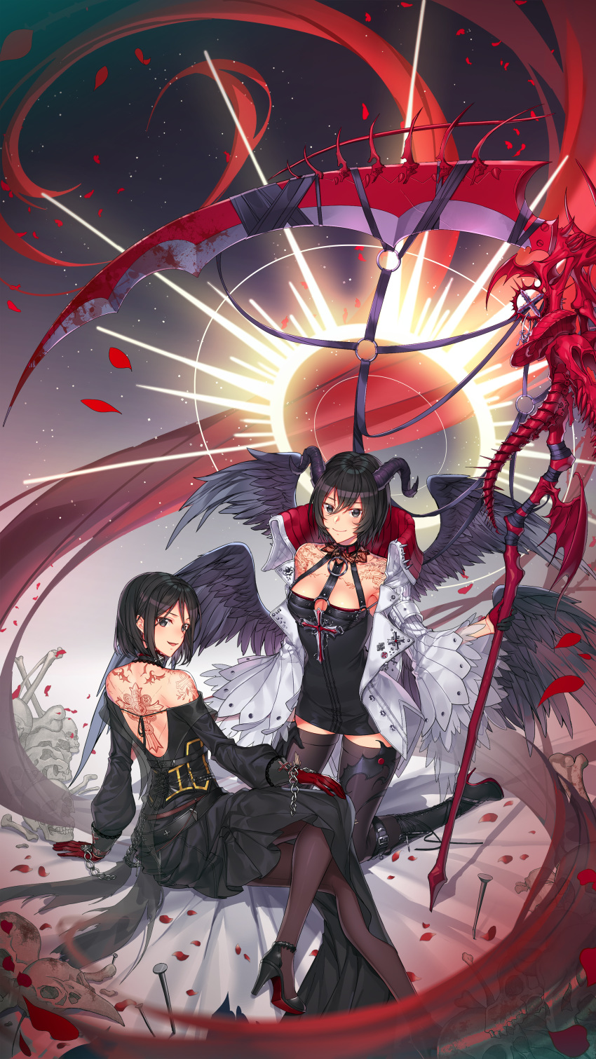 2girls absurdres arm_support backless_outfit belt black_dress black_hair blood bloody_weapon bone chain character_request choker corset cross dress dungeon_and_fighter eyebrows_visible_through_hair feathered_wings gloves grey_eyes hair_between_eyes half_gloves halo high_heels highres horns jacket looking_at_viewer medium_hair milcona multiple_girls multiple_wings nail off-shoulder_jacket off_shoulder pantyhose petals red_gloves scythe skull smile tattoo thigh-highs weapon white_jacket wings