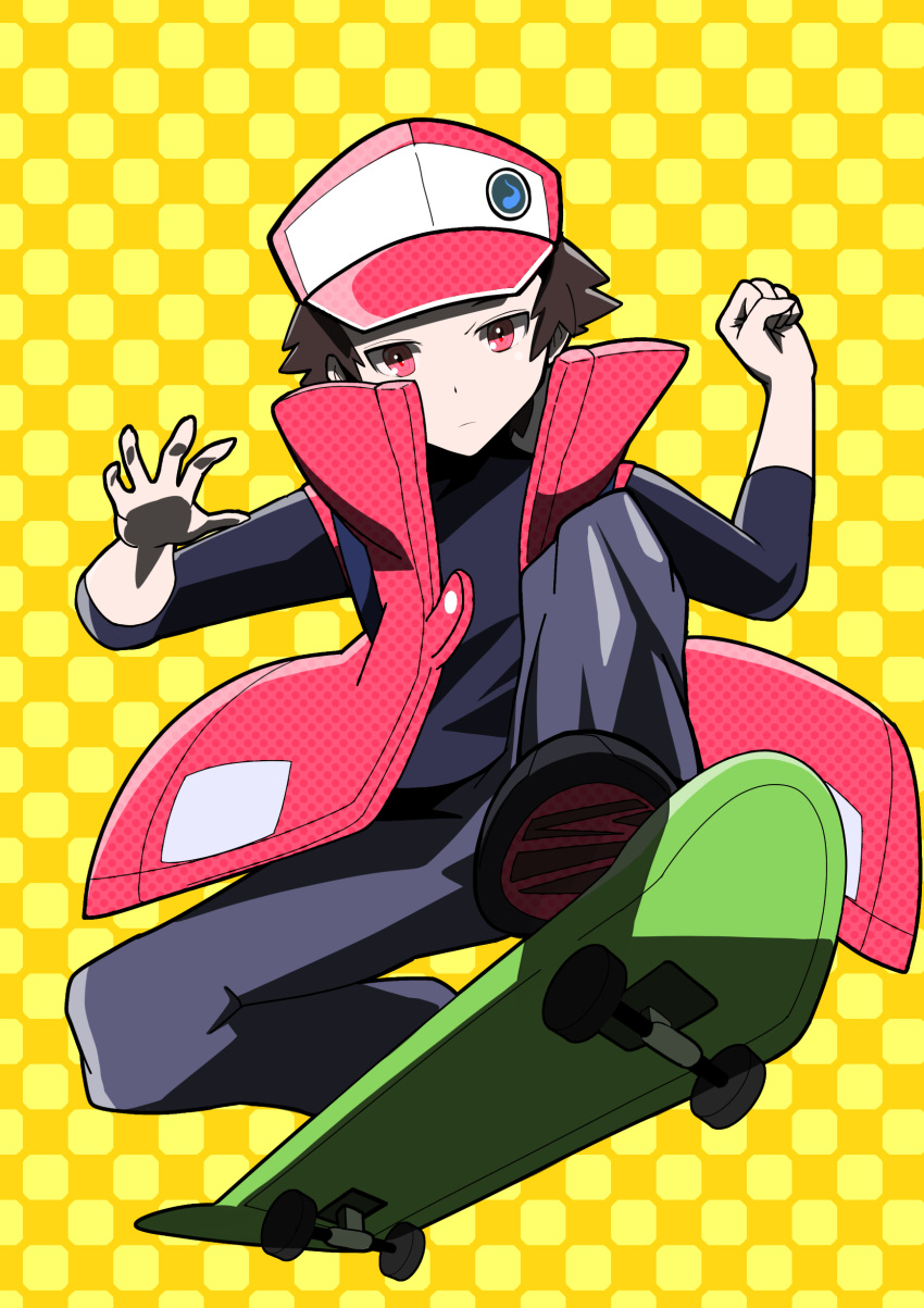 1boy absurdres baseball_cap black_footwear brown_hair checkered checkered_background closed_mouth commentary_request fujiwara_echi full_body hat highres male_focus pokemon pokemon_(game) pokemon_rgby red_(pokemon) red_eyes riding shoes skateboard spiky_hair yellow_background
