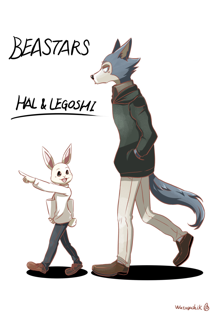 1boy 1girl :d absurdres beastars black_pants brown_footwear character_name commentary_request copyright_name eye_contact haru_(beastars) highres legoshi long_sleeves looking_at_another no_humans open_mouth pants pointing shoes simple_background smile sweater walking watagashikn white_background white_pants