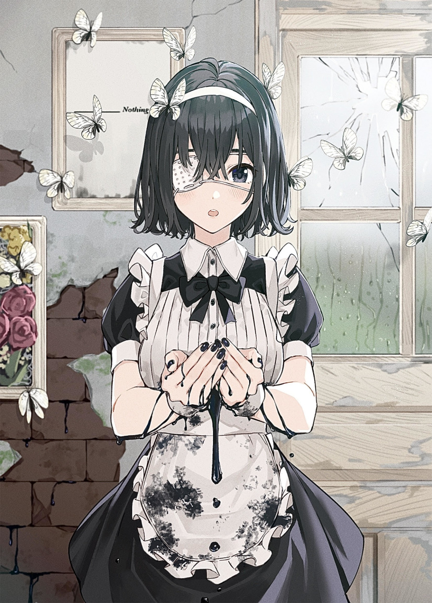 1girl apron bangs black_bow black_dress black_eyes black_hair blush bow broken_window bug butterfly dirty_clothes dress eyepatch frilled_apron frills hair_between_eyes hairband highres insect looking_at_viewer maid maid_apron open_mouth original puffy_short_sleeves puffy_sleeves short_sleeves solo teshima_nari wrist_cuffs