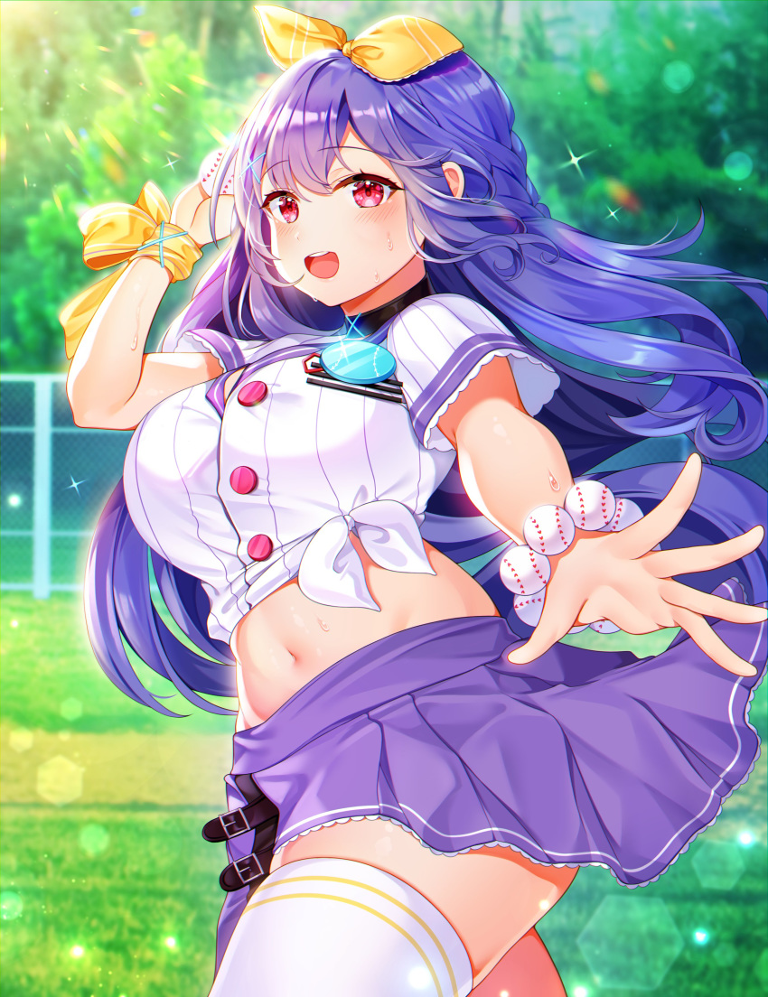 1girl :d absurdres arm_up black_choker bracelet choker cowboy_shot crop_top front-tie_top hair_ribbon highres houchi_shoujo jewelry long_hair looking_at_viewer midriff miniskirt navel open_mouth outstretched_arm pleated_skirt purple_hair purple_skirt red_eyes reel37891 ribbon shirt short_sleeves skirt smile solo stomach thigh-highs very_long_hair white_legwear white_shirt wrist_ribbon zettai_ryouiki