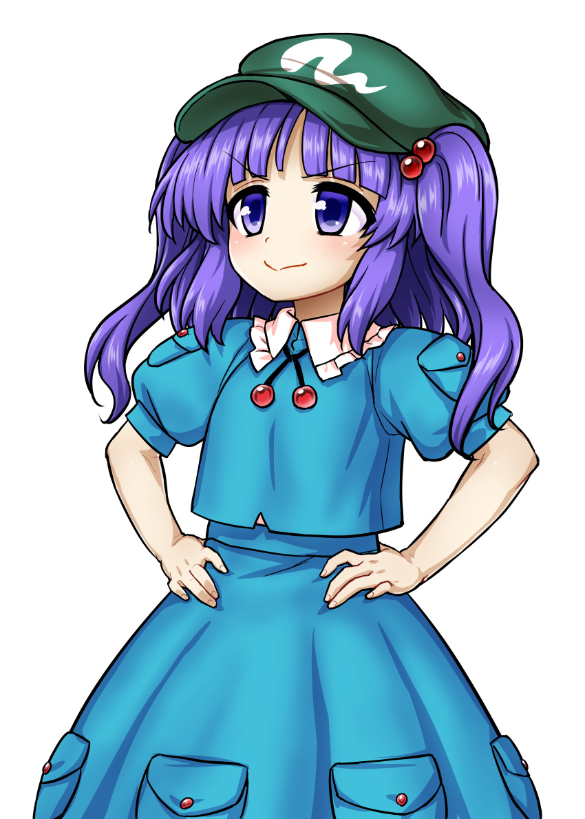 1girl :&gt; absurdres bangs blue_eyes blue_hair blue_jacket blue_skirt blunt_bangs cabbie_hat cropped_jacket eyebrows_visible_through_hair fanbox_reward green_headwear grin hair_bobbles hair_ornament hands_on_hips hat highres itou_yuuji jacket kawashiro_nitori long_hair paid_reward pocket shirt simple_background skirt skirt_set smile smug solo touhou two_side_up white_background