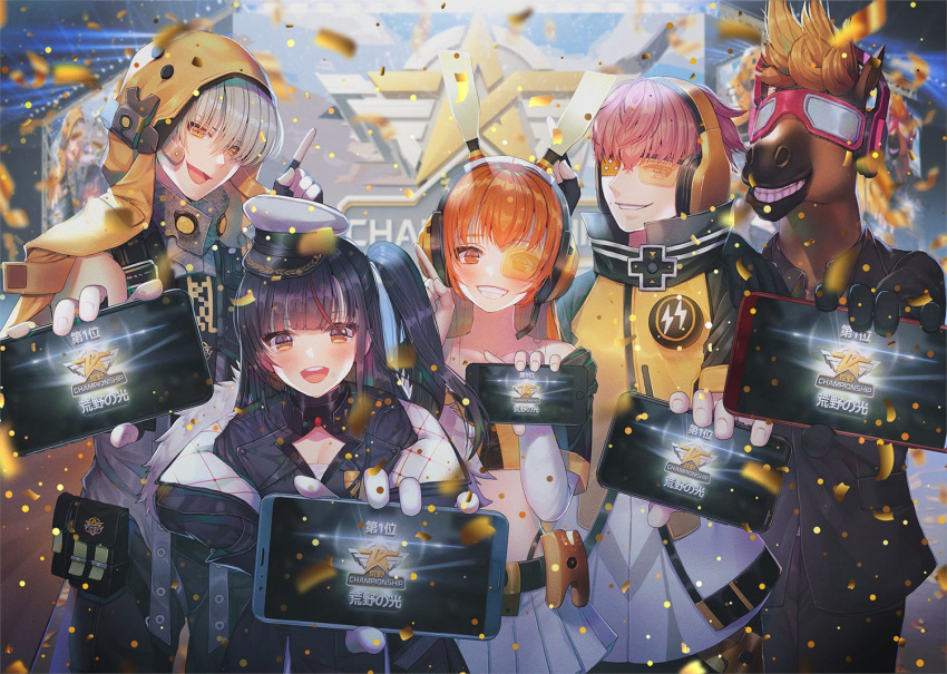 2girls 3boys :d black_hair black_shirt cellphone cleavage_cutout cloak confetti crop_top fingerless_gloves foreshortening gloves goggles grin hanato_(seonoaiko) hat headphones holding hood hooded_cloak jacket knives_out long_hair looking_at_viewer midriff multicolored_hair multiple_boys multiple_girls one_side_up open_clothes open_jacket open_mouth orange_hair peaked_cap phone shirt smartphone smile streaked_hair white_gloves yellow_jacket