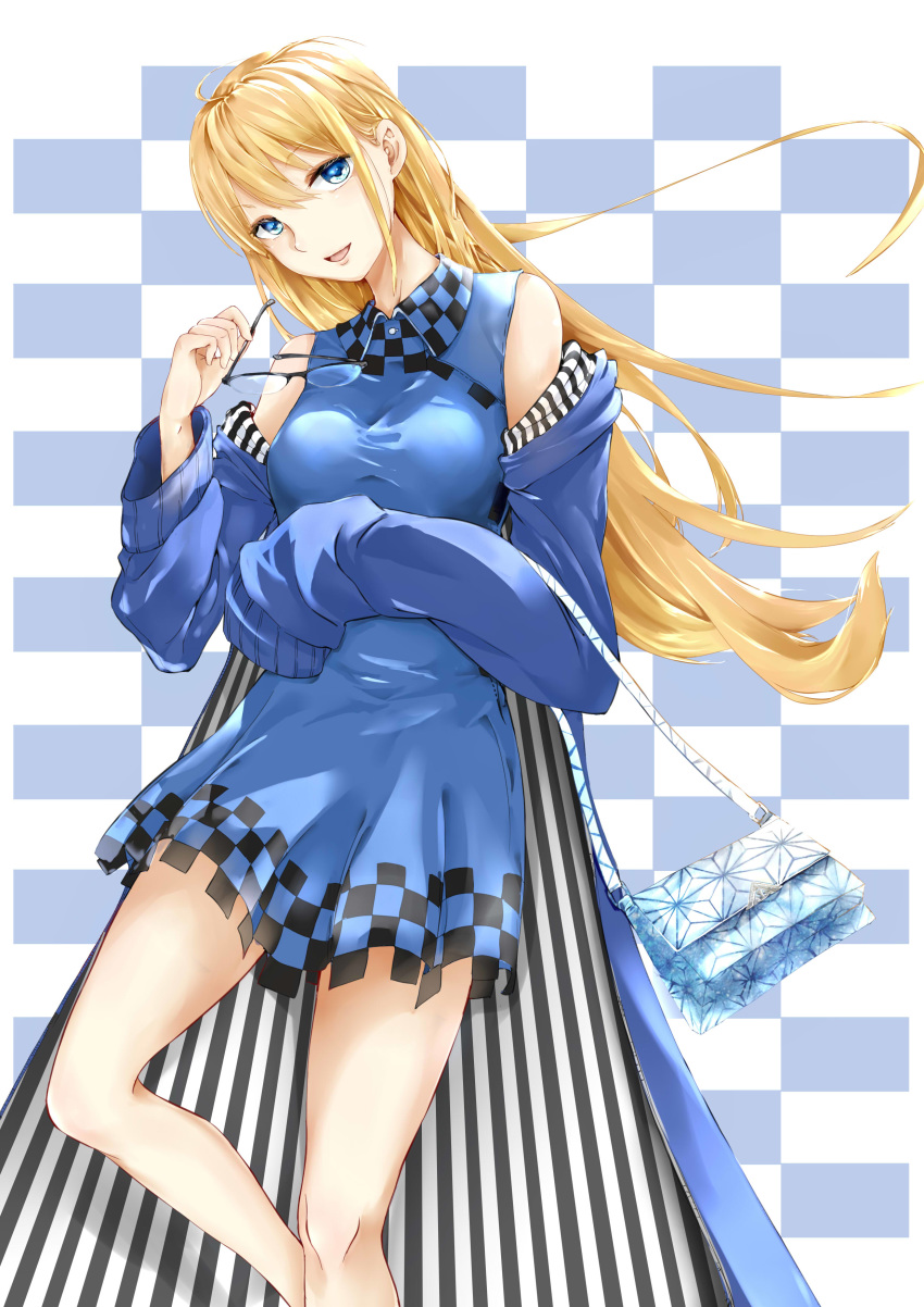 1girl absurdres bag blonde_hair blue_background blue_dress blue_eyes checkered checkered_background chiyuki_fujito detached_sleeves dress eyewear_removed handbag highres long_hair looking_at_viewer runway_de_waratte simple_background sleeves_past_wrists smile solo standing striped vertical_stripes white_background wingforpx