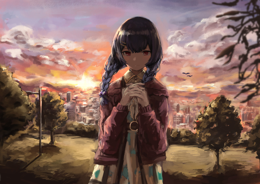 1girl :| absurdres bangs belt belt_buckle bird blue_hair braid brown_belt buckle city closed_mouth clouds commentary cowboy_shot dress dusk expressionless foliage green_dress hair_between_eyes hair_ornament hairclip hands_clasped highres huge_filesize idolmaster idolmaster_shiny_colors jacket k6tetsu lamppost light_blush long_hair looking_at_viewer morino_rinze own_hands_together park red_eyes red_jacket shaded_face solo sun sunset tree twin_braids two-tone_dress yellow_dress