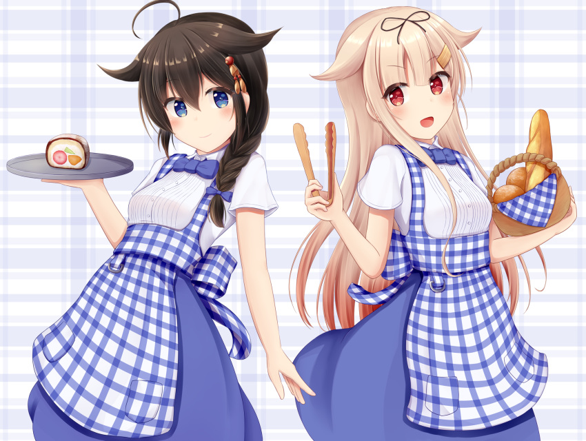 2girls ahoge alternate_costume apron basket black_hair black_ribbon blonde_hair blue_apron blue_eyes braid breasts checkered_apron employee_uniform gingham gingham_apron gradient_hair hair_flaps hair_ornament hair_over_shoulder hair_ribbon hairclip highres holding holding_basket holding_tray kantai_collection kobeya koubeya_uniform long_hair minakami_mimimi multicolored_hair multiple_girls plaid plaid_apron red_eyes redhead remodel_(kantai_collection) ribbon shigure_(kantai_collection) single_braid small_breasts smile tongs tray uniform waitress yuudachi_(kantai_collection)