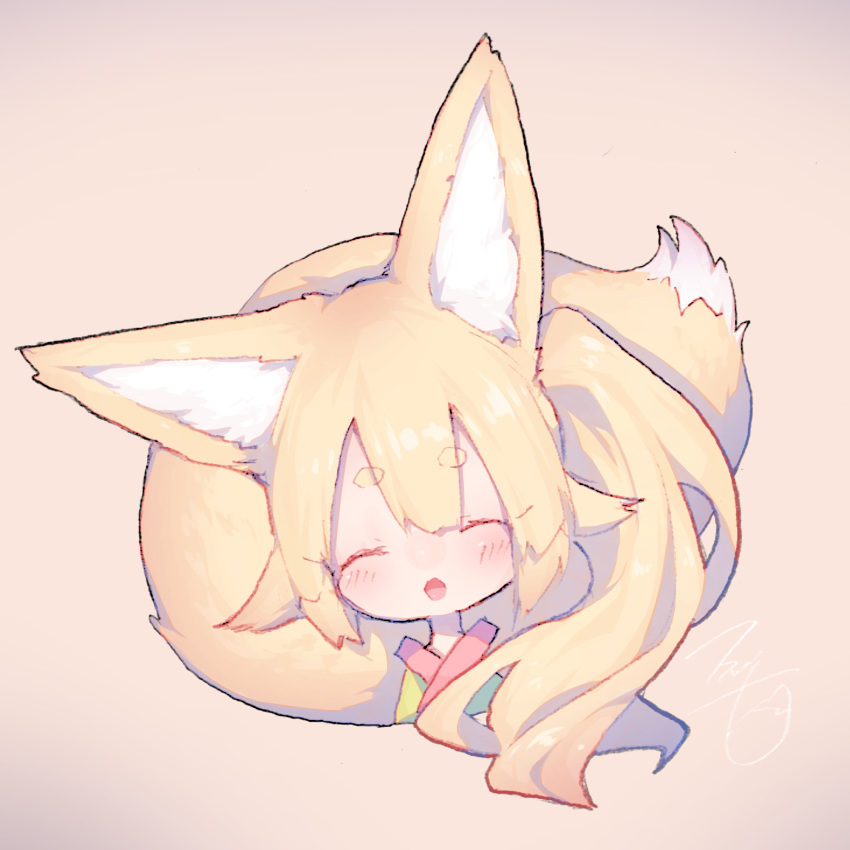 1girl animal_ear_fluff animal_ears bangs blonde_hair blush closed_eyes commentary_request eyebrows eyebrows_visible_through_hair fox_ears fox_girl fox_tail fukutchi grey_background hair_between_eyes highres open_mouth original short_hair sidelocks simple_background smile solo tail upper_body