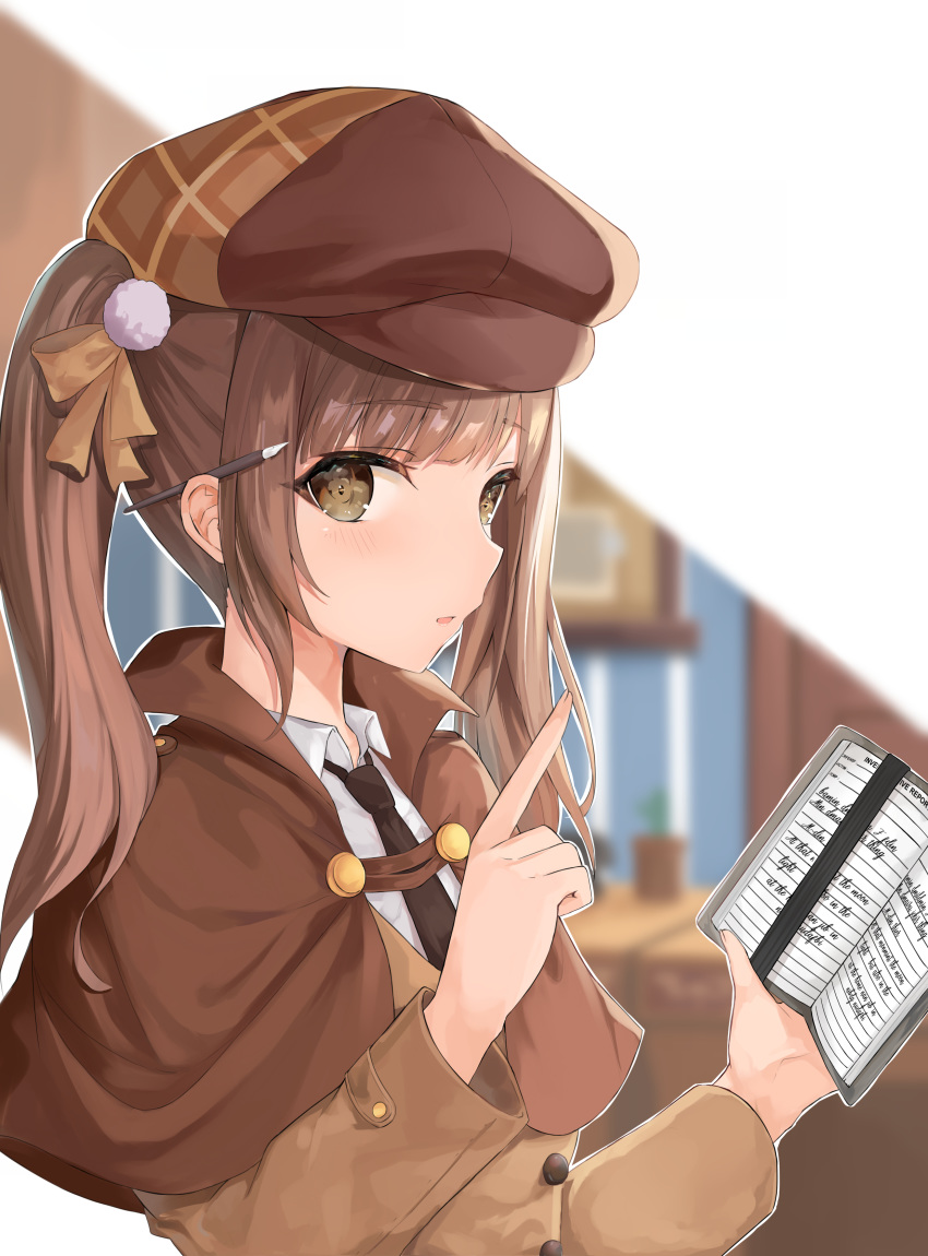 1girl absurdres bangs black_neckwear blurry blurry_background blush book brown_capelet brown_eyes brown_hair brown_headwear brown_ribbon depth_of_field detective english_text eyebrows_visible_through_hair from_side hair_ribbon highres holding holding_book indoors lisu long_sleeves looking_at_viewer looking_to_the_side necktie open_book original outside_border parted_lips plaid pom_pom_(clothes) ribbon smile twintails