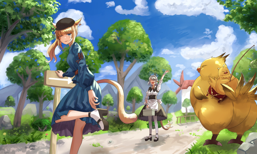 2girls animal_ears apron arm_support au_ra blonde_hair blue_eyes blurry carrot_on_stick cat_ears cat_tail chocobo clouds depth_of_field dragon_tail dress earrings fat_chocobo fence final_fantasy final_fantasy_xiv happy hat high_heels horns jewelry long_hair maid maid_apron maid_dress maid_headdress miqo'te motivation mountain multiple_girls ojiki open_mouth outdoors pantyhose road rock silver_hair sky slit_pupils smile standing standing_on_one_leg tail tree waving white_legwear windmill wrist_cuffs