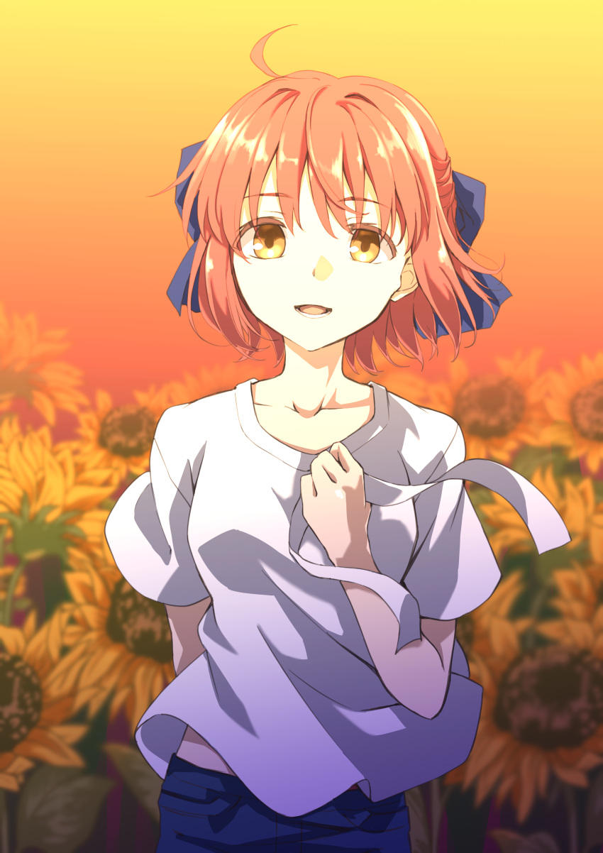1girl :d absurdres ahoge arm_behind_back bangs blurry bow breasts casual chiizu_ore collarbone denim depth_of_field eyebrows_visible_through_hair flower hair_bow hand_on_own_chest hand_up highres jeans kohaku looking_at_viewer midriff_peek open_mouth orange_eyes outdoors pants redhead shirt short_hair short_sleeves smile solo standing sunflower sunset tsukihime