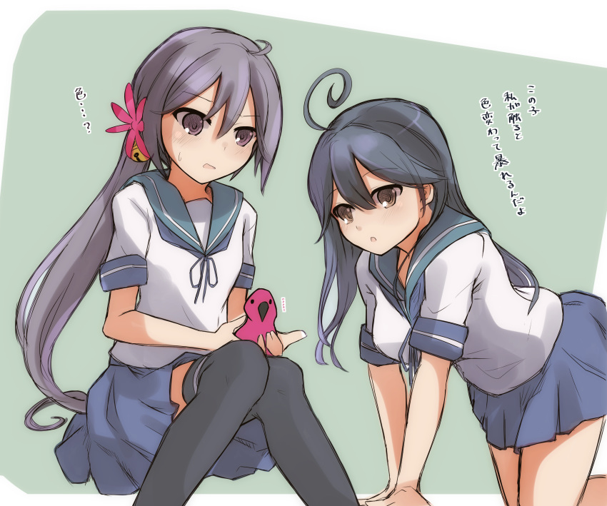 2girls ahoge akebono_(kantai_collection) bell black_hair black_legwear blue_skirt breasts brown_eyes eyebrows_visible_through_hair flower hair_bell hair_between_eyes hair_flower hair_ornament highres jingle_bell kantai_collection large_breasts long_hair looking_at_another multiple_girls party_parrot pleated_skirt purple_hair school_uniform serafuku short_sleeves side_ponytail sitting skirt thigh-highs translation_request ushio_(kantai_collection) very_long_hair yankee41