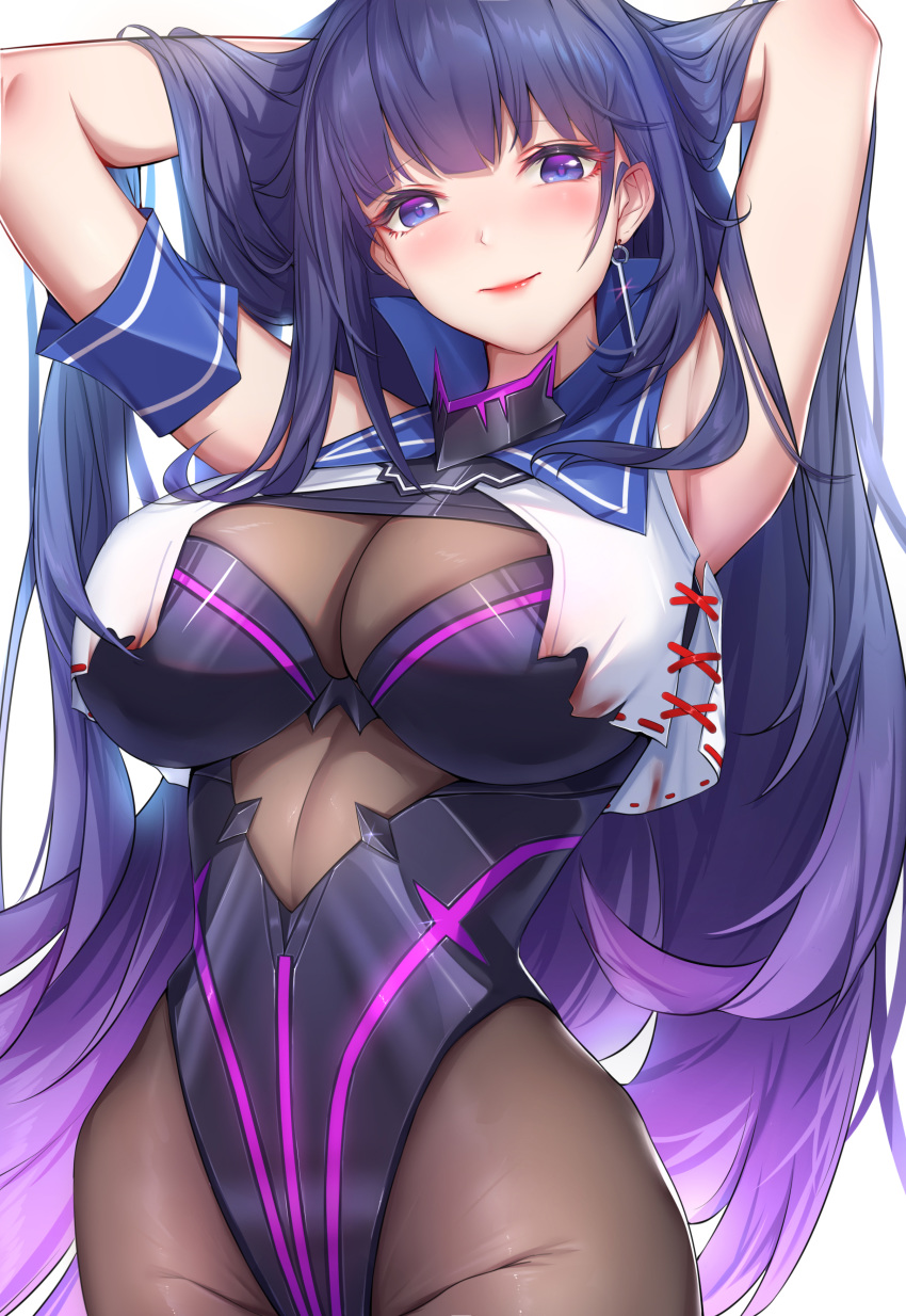 1girl absurdres armband armor armored_dress armpits blue_eyes blush breasts cleavage_cutout commentary_request cropped_vest earrings glint groin hair_down hand_behind_head hands_in_hair highres honkai_(series) honkai_impact_3rd jewelry large_breasts long_hair looking_at_viewer partial_bodysuit purple_hair raiden_mei raiden_mei_(lightning_empress) revision smile very_long_hair wu_ganlan_cai
