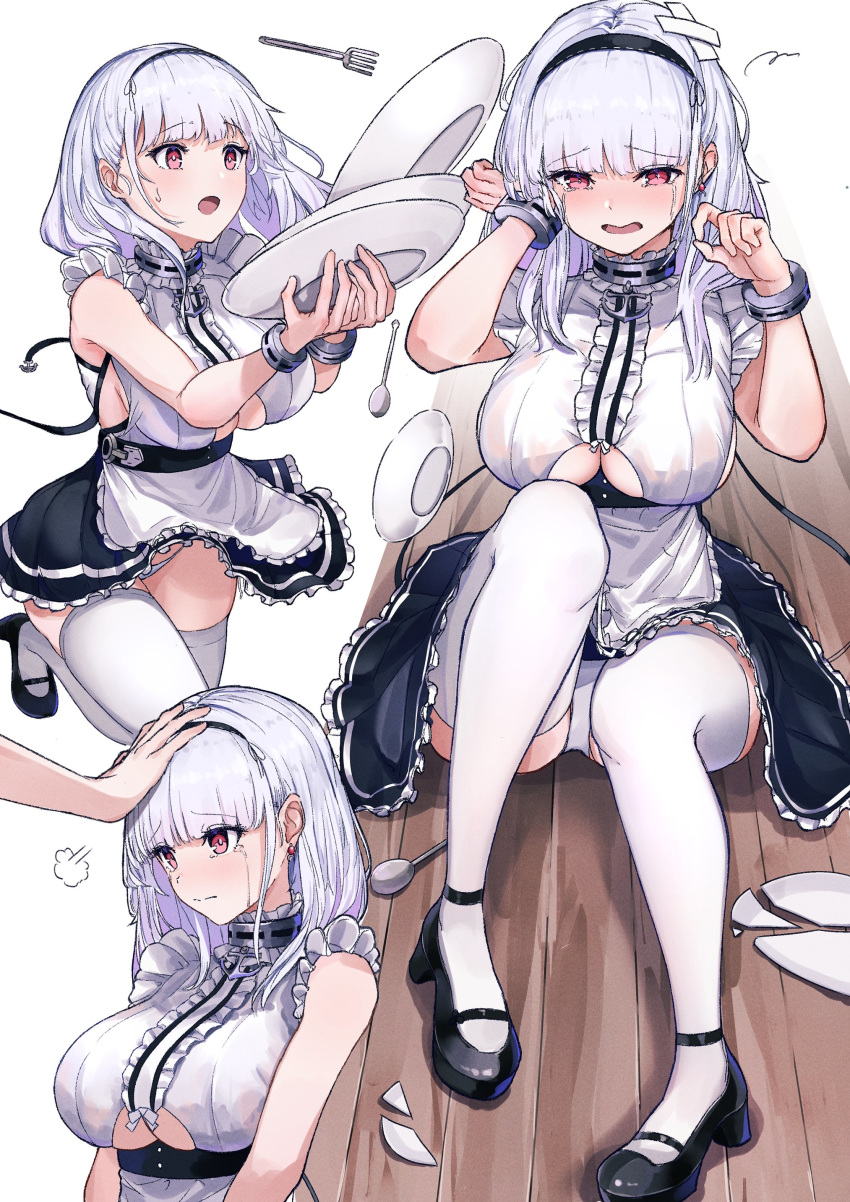 1girl absurdres anchor_choker anchor_necklace apron azur_lane bangs bare_shoulders black_hairband black_skirt breasts center_frills choker crying crying_with_eyes_open dido_(azur_lane) dishes earrings eyebrows_visible_through_hair falling fork frilled_apron frilled_choker frilled_skirt frills gu_luco hairband hand_on_another's_head heart heart_earrings high_heels highres jewelry lace-trimmed_hairband large_breasts long_hair maid maid_apron maid_dress outstretched_hand panties petting plate red_eyes shirt sideboob silver_hair sitting skirt sleeveless sleeveless_shirt tears thigh-highs under_boob underboob_cutout underwear waist_apron white_apron white_legwear white_panties wooden_floor wrist_cuffs