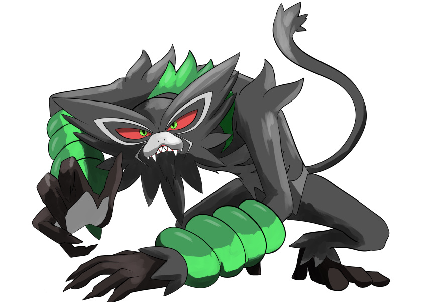 absurdres commentary_request creature fangs fujiwara_echi full_body green_eyes highres mythical_pokemon no_humans pokemon pokemon_(creature) red_sclera sharp_teeth simple_background solo teeth white_background zarude