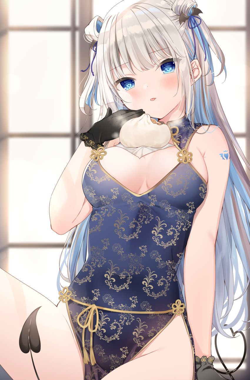 1girl absurdres baozi bare_arms bare_shoulders black_gloves blue_dress blue_eyes blue_hair blue_ribbon blurry blurry_background breasts china_dress chinese_clothes commentary_request depth_of_field dress food food_on_breasts gloves groin hair_ribbon hair_rings hand_up highres long_hair mafuyu_(chibi21) medium_breasts multicolored_hair original print_dress ribbon silver_hair sitting sleeveless sleeveless_dress solo streaked_hair tongue tongue_out two_side_up very_long_hair window wing_hair_ornament