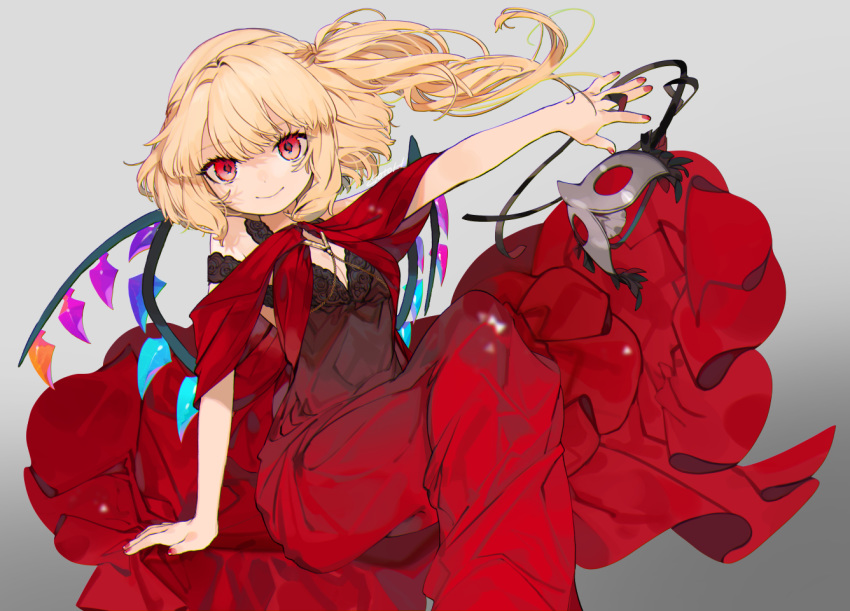 1girl alternate_costume artist_name black_dress blonde_hair commentary crystal dress feet_out_of_frame flandre_scarlet gotoh510 grey_background long_hair looking_at_viewer mask masquerade_mask outstretched_arm red_dress red_eyes red_nails side_ponytail sitting sleeveless sleeveless_dress smile solo touhou wings