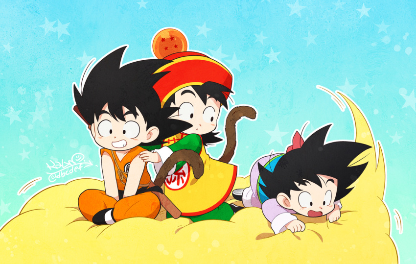 3boys :d :o black_eyes black_footwear black_hair blue_background brothers china_dress chinese_clothes clenched_teeth clothes_writing dbcdef dot_nose dougi dragon_ball dragon_ball_(classic) dragon_ball_(object) dragon_ball_z dress father_and_son flying_nimbus full_body grabbing grin hands_on_another's_shoulders happy hat indian_style kneeling looking_afar looking_at_another looking_back looking_down male_focus messy_hair monkey_tail multiple_boys nyoibo open_mouth outline red_headwear siblings signature simple_background sitting smile son_gohan son_gokuu son_goten speed_lines spiky_hair star starry_background surprised tail teeth time_paradox twitter_username v_arms white_outline