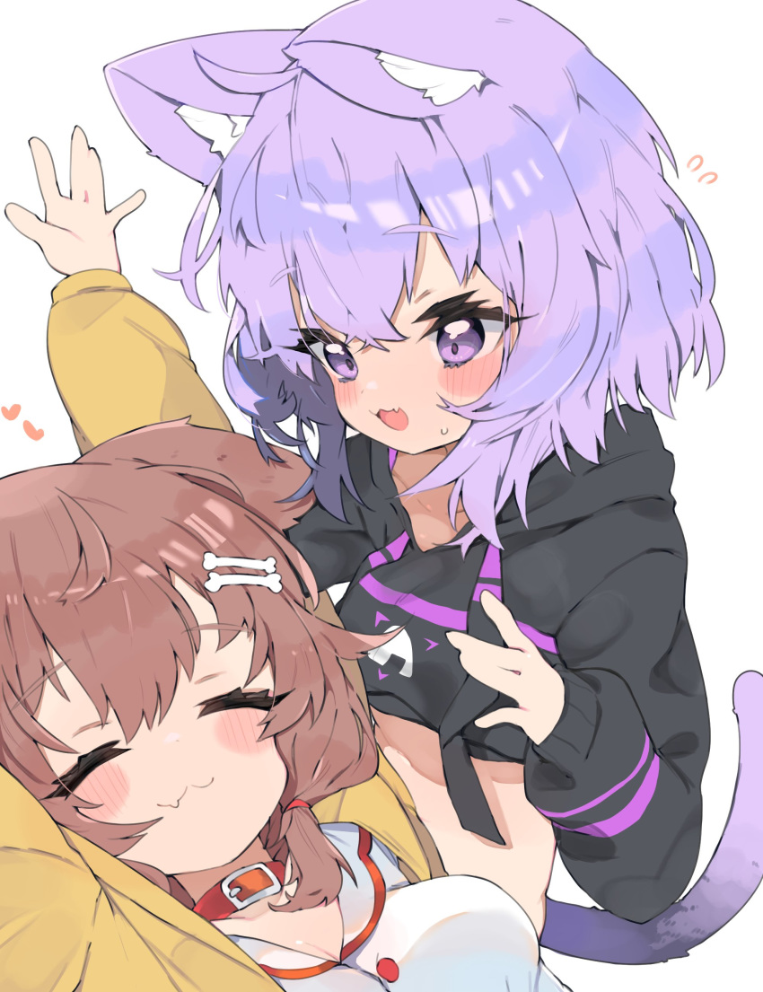 2girls :3 :d absurdres animal_ear_fluff animal_ears arms_up blush bone_hair_ornament brown_hair cat_ears cat_tail choker closed_eyes dog_ears eyebrows_visible_through_hair fang highres hololive hood hoodie inugami_korone long_hair low_twintails multiple_girls nekomata_okayu onigiri_print open_mouth purple_hair short_hair simple_background smile symbol_commentary tail twintails violet_eyes virtual_youtuber white_background zeru_(wisel_army)