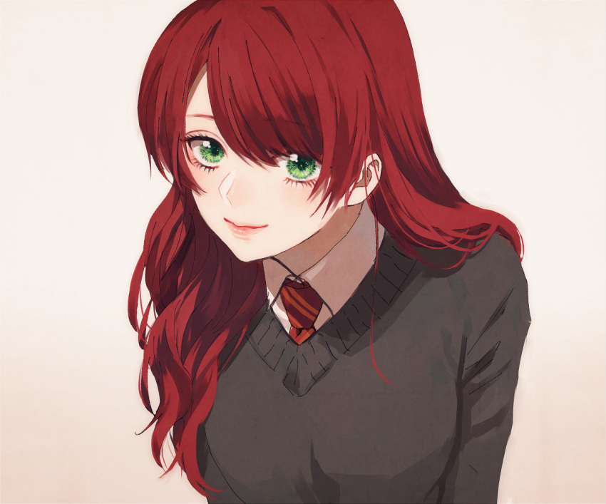 1girl bangs breasts closed_mouth green_eyes gryffindor harry_potter kurosujuu leaning_forward lily_evans long_hair long_sleeves looking_at_viewer necktie red_neckwear redhead school_uniform smile solo sweater upper_body