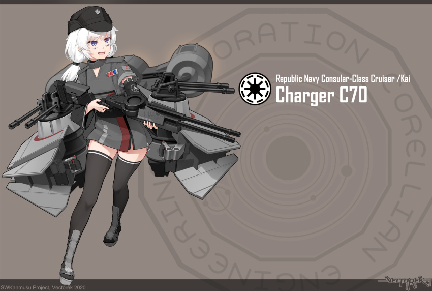 1girl asymmetrical_sleeves black_headwear black_legwear english_commentary facial_mark full_body grey_jacket gun hat highres holding holding_weapon jacket long_hair low_twintails machinery mecha_musume original personification solo standing star_wars thigh-highs twintails vectorek violet_eyes weapon white_hair